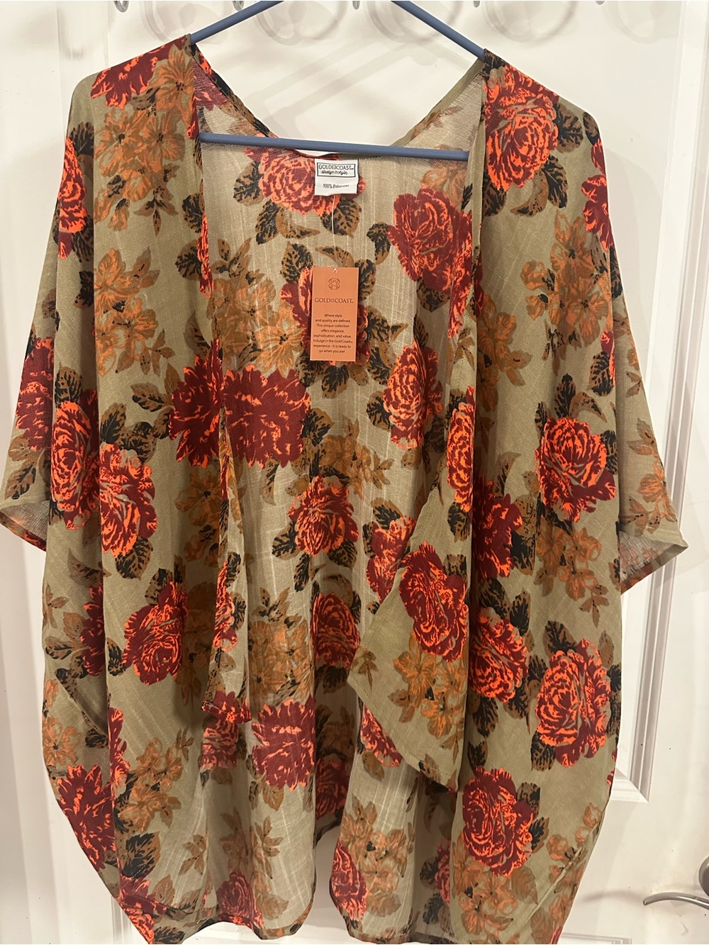 Gold Coast Olive Floral Open-Front Tunic Kimono - Olive with Rust Floral
